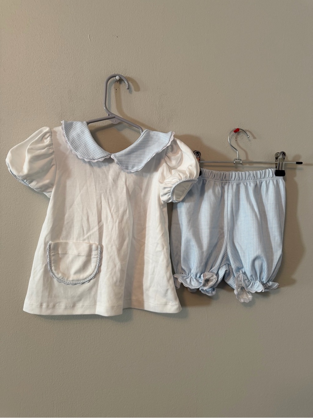 Lullaby Set White Top & Light Blue Gingham Bloomers Set